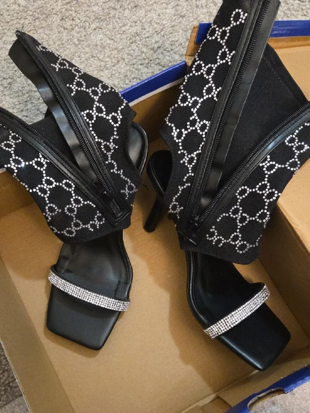 Rouge Black Crystal-Pattern Open Toe Bootie Stiletto Sandals Sz 6.5 NIB